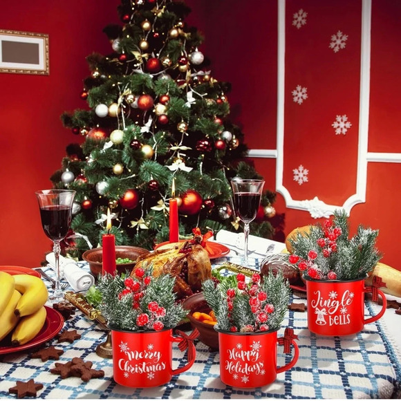 Hushee 3 Pcs Christmas Enamel Coffee Mugs 12oz Artificial Red Berry Pine 🌲 - Picture 7 of 11